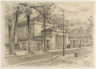 31523 Gezicht op de zij- en voorgevel van het entreegebouw van de concertzaal Tivoli aan de Kruisstraat te Utrecht, uit ...